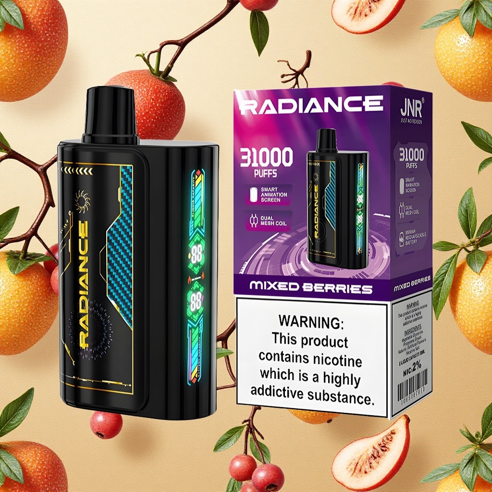 JNR Radiance 31000 Puffs Vape Descartável Frutas Vermelhas Misturadas Tela Inteligente Animada Brasil Atacado